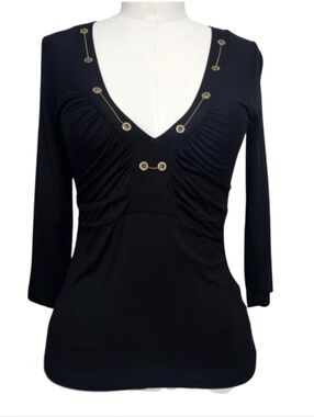 Vintage Yuka Platinum Rayon Blend Y2K 3/4 Sleeves Black Top Sz Medium